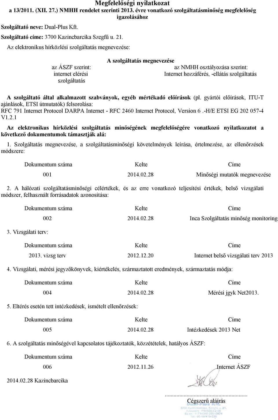 Az elektronikus hírközlési szolgáltatás megnevezése: az ÁSZF szerint: internet elérési szolgáltatás A szolgáltatás megnevezése az NMHH osztályozása szerint: Internet hozzáférés, -ellátás szolgáltatás