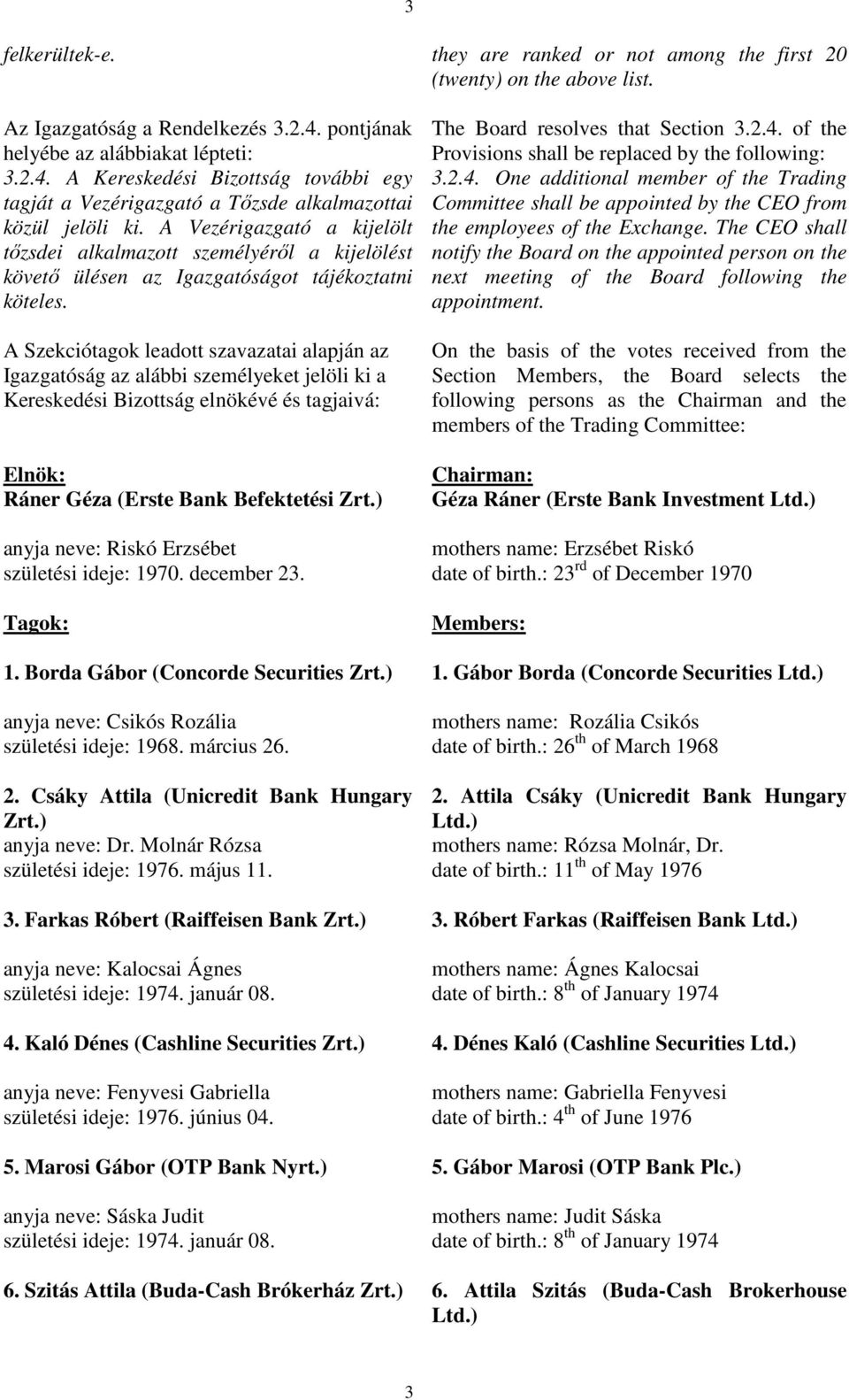 A Szekciótagok leadott szavazatai alapján az Igazgatóság az alábbi személyeket jelöli ki a Kereskedési Bizottság elnökévé és tagjaivá: Elnök: Ráner Géza (Erste Bank Befektetési anyja neve: Riskó