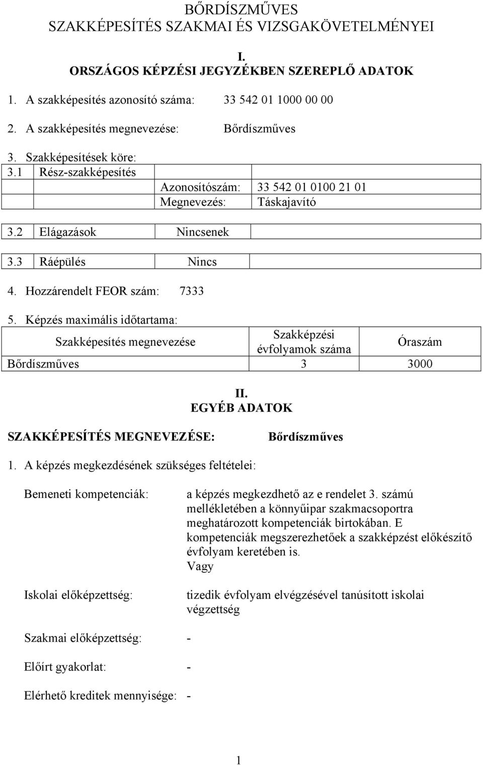 Hozzárendelt FEOR szám: 7333 5. Képzés maximális időtartama: Szakképesítés megnevezése Szakképzési évfolyamok száma Óraszám Bőrdíszműves 3 3000 II.