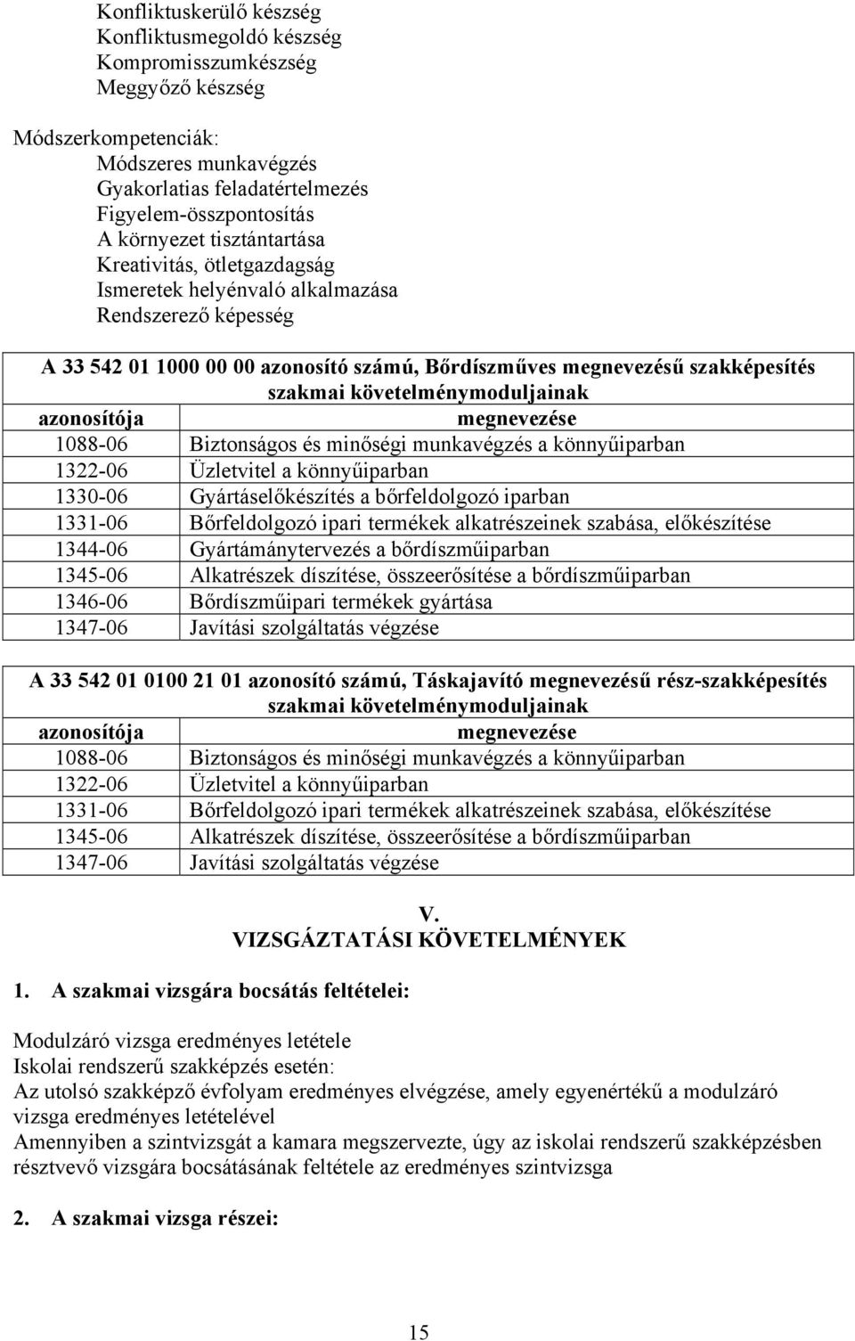 követelménymoduljainak azonosítója megnevezése 1088-06 Biztonságos és minőségi munkavégzés a könnyűiparban 1322-06 Üzletvitel a könnyűiparban 1330-06 Gyártáselőkészítés a bőrfeldolgozó iparban