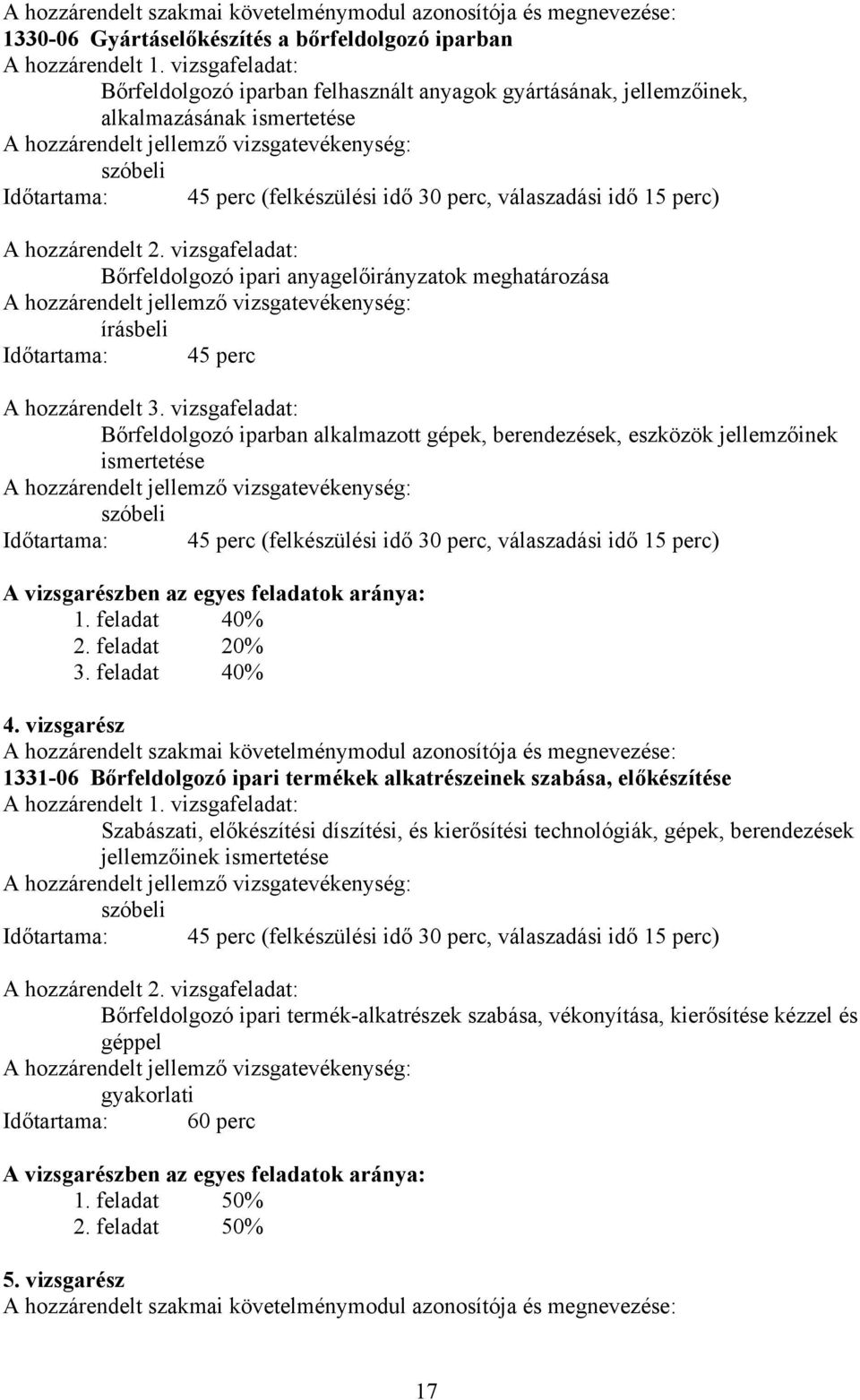 hozzárendelt 2. vizsgafeladat: Bőrfeldolgozó ipari anyagelőirányzatok meghatározása írásbeli Időtartama: 45 perc A hozzárendelt 3.