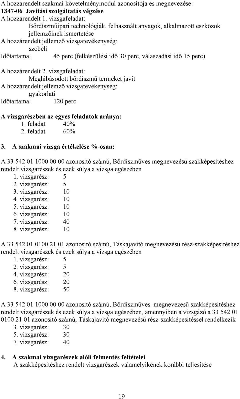 hozzárendelt 2. vizsgafeladat: Meghibásodott bőrdíszmű terméket javít gyakorlati Időtartama: 120 perc A vizsgarészben az egyes feladatok aránya: 1. feladat 40% 2. feladat 60% 3.