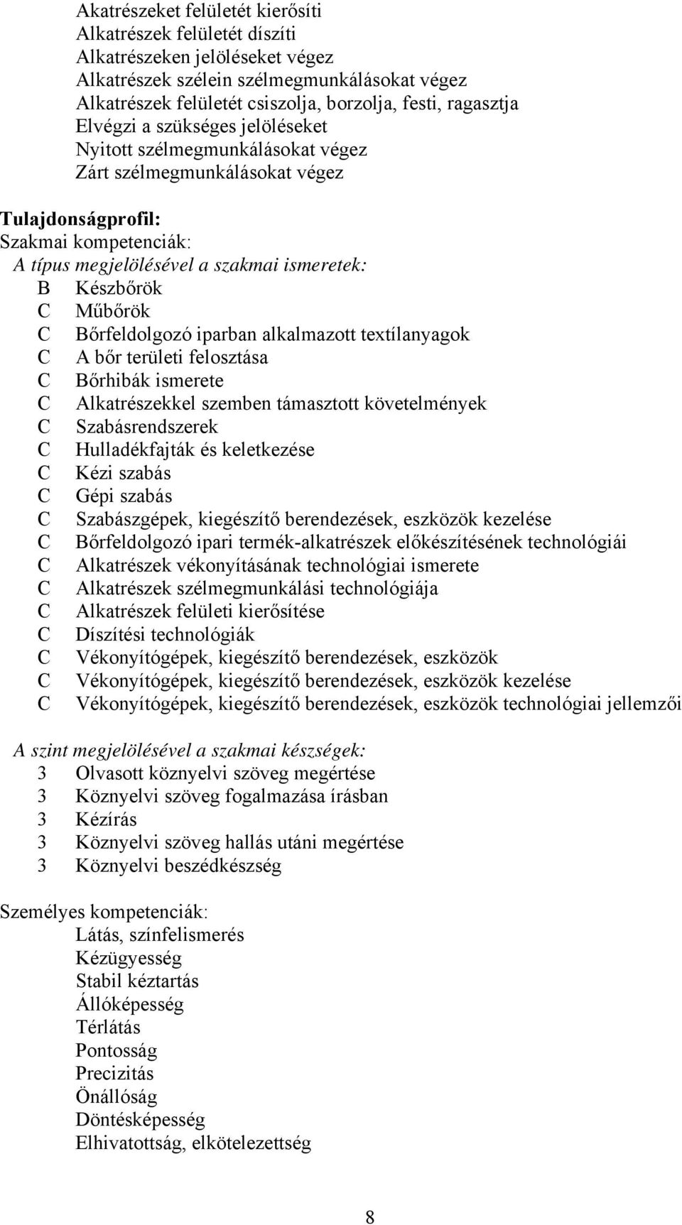 Készbőrök C Műbőrök C Bőrfeldolgozó iparban alkalmazott textílanyagok C A bőr területi felosztása C Bőrhibák ismerete C Alkatrészekkel szemben támasztott követelmények C Szabásrendszerek C