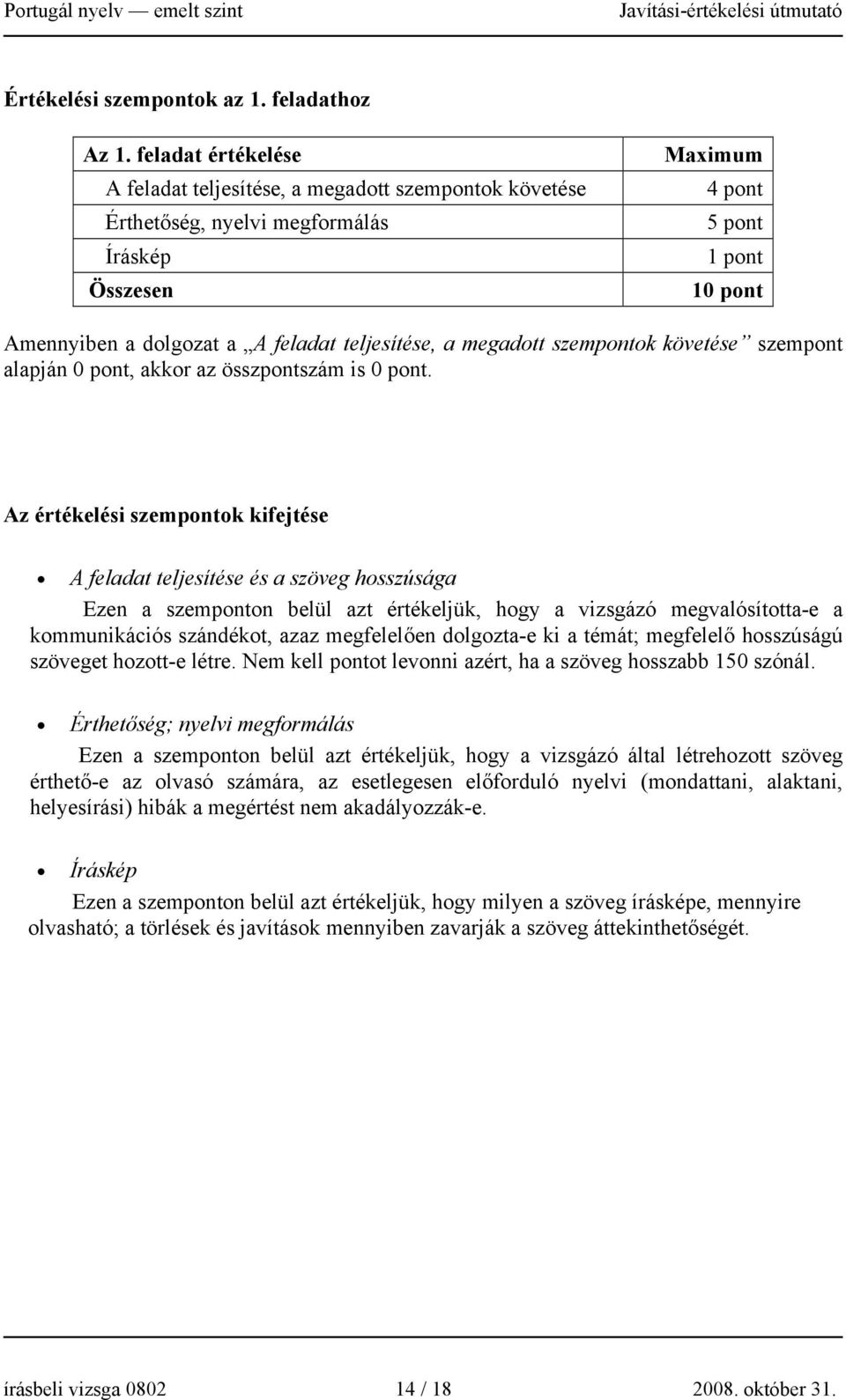 teljesítése, a megadott szempontok követése szempont alapján 0 pont, akkor az összpontszám is 0 pont.
