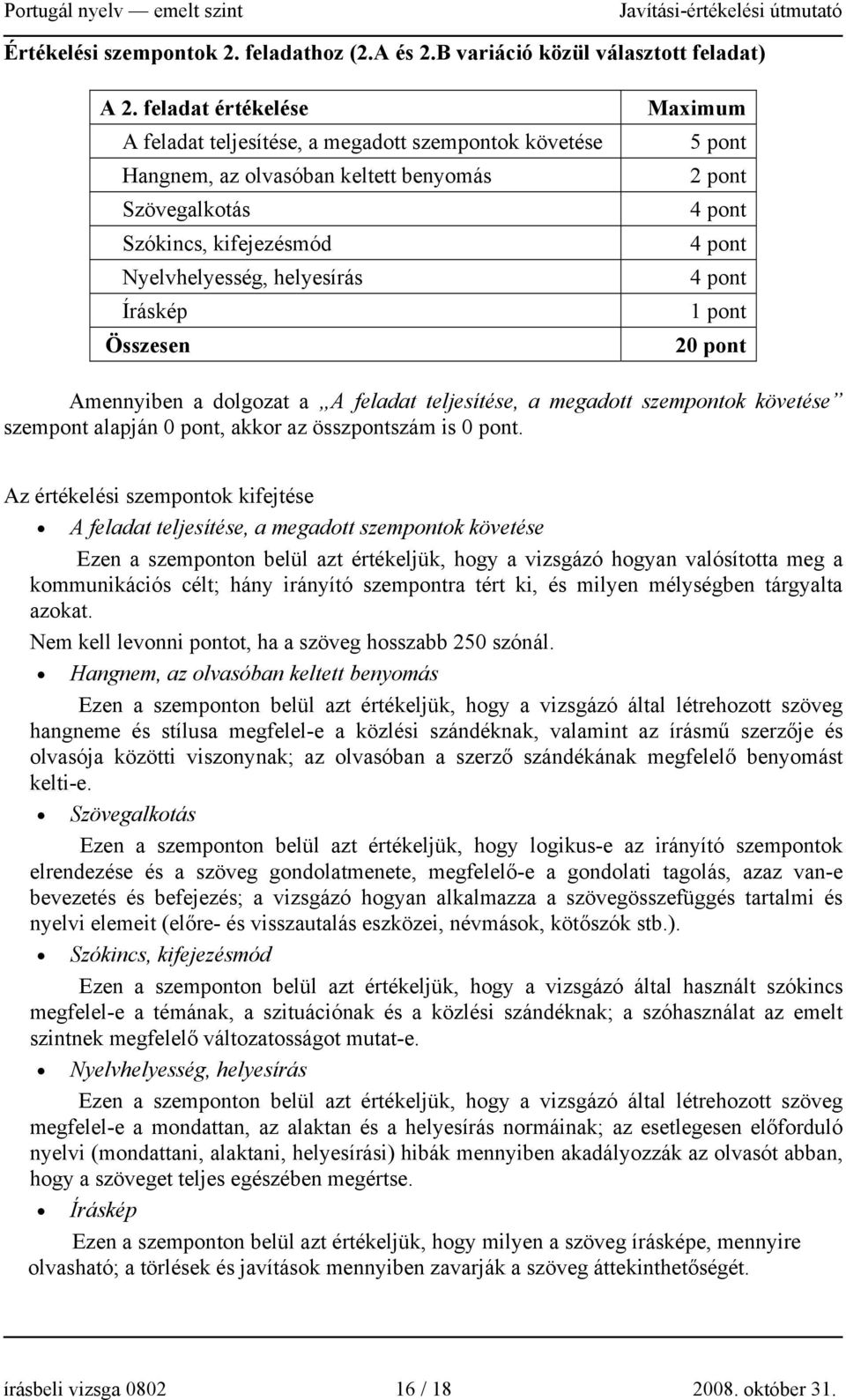 Maximum 5 pont 2 pont 4 pont 4 pont 4 pont 1 pont 20 pont Amennyiben a dolgozat a A feladat teljesítése, a megadott szempontok követése szempont alapján 0 pont, akkor az összpontszám is 0 pont.
