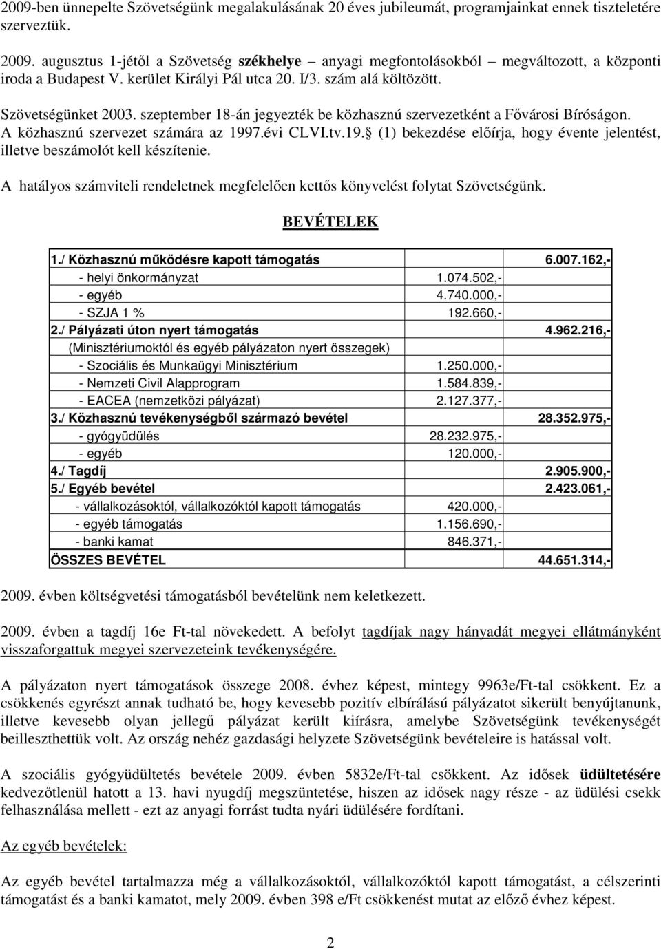 szeptember 18-án jegyezték be közhasznú szervezetként a Fıvárosi Bíróságon. A közhasznú szervezet számára az 1997.évi CLVI.tv.19. (1) bekezdése elıírja, hogy évente jelentést, illetve beszámolót kell készítenie.