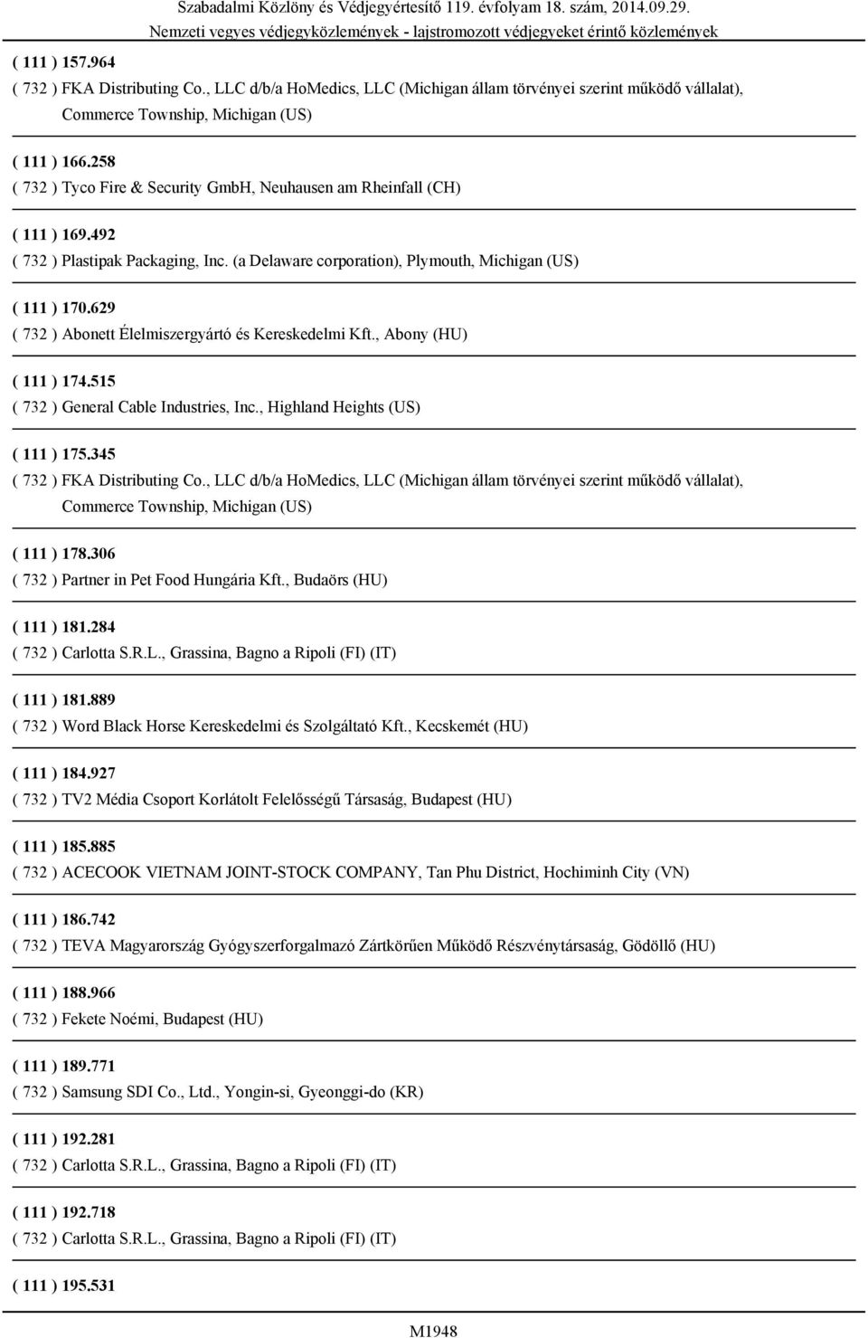 (a Delaware corporation), Plymouth, Michigan (US) ( 111 ) 170.629 ( 732 ) Abonett Élelmiszergyártó és Kereskedelmi Kft., Abony (HU) ( 111 ) 174.515 ( 732 ) General Cable Industries, Inc.
