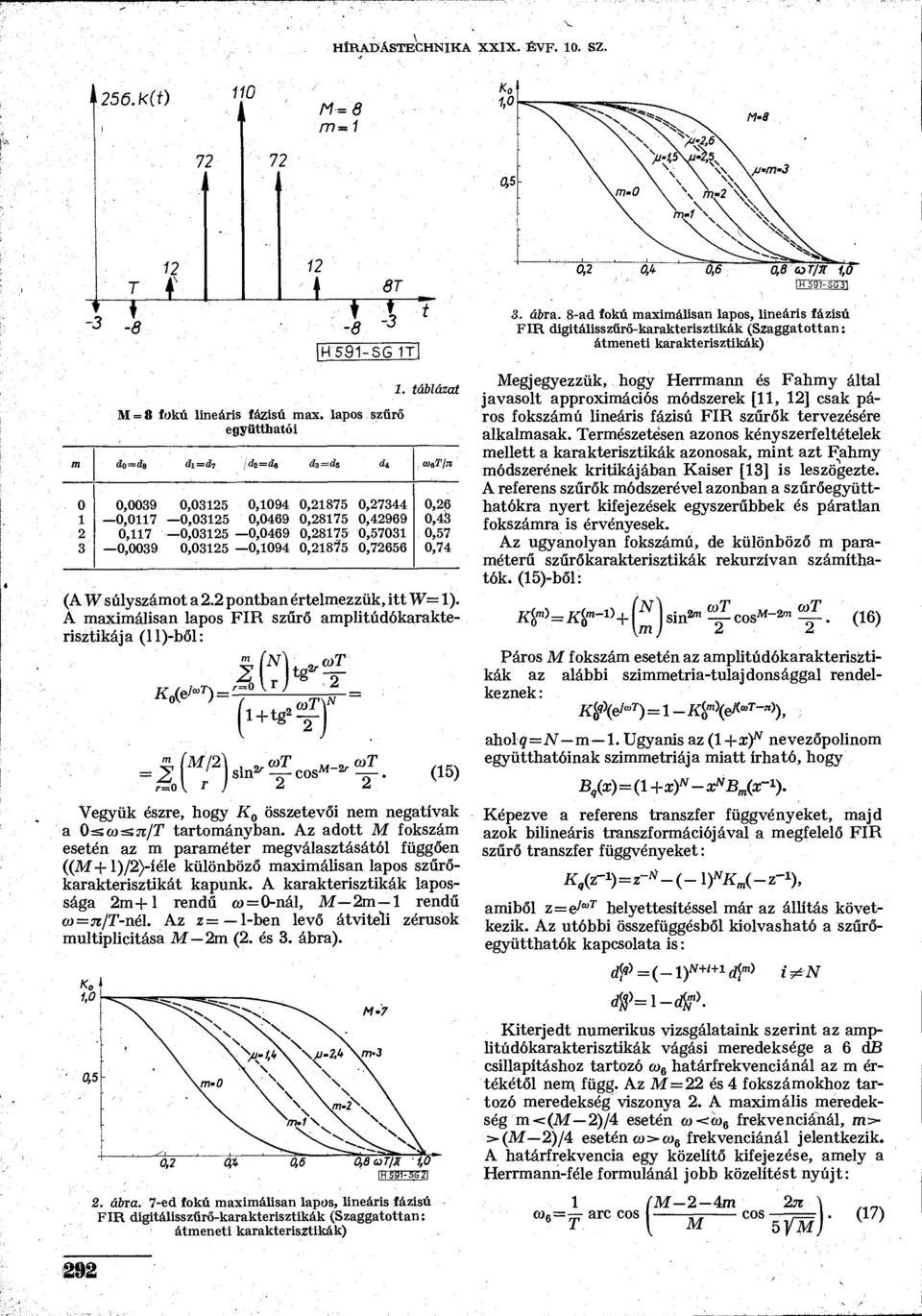 2 pontban értelmezzük, itt W= 1). A maximálisan lapos FIR szűrő amplitúdókarakterisztikája (ll)-ből: (e'"> T ) = ( 1+t 2-2-J 2 r-? yrj cot 2r sin' -cos -2r ^.