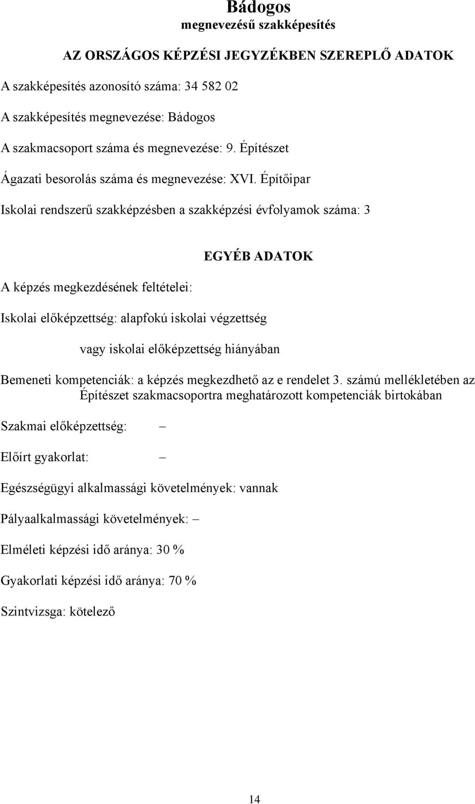 Építőipar Iskolai rendszerű szakképzésben a szakképzési évfolyamok száma: 3 A képzés megkezdésének feltételei: EGYÉB ADATOK Iskolai előképzettség: alapfokú iskolai végzettség vagy iskolai