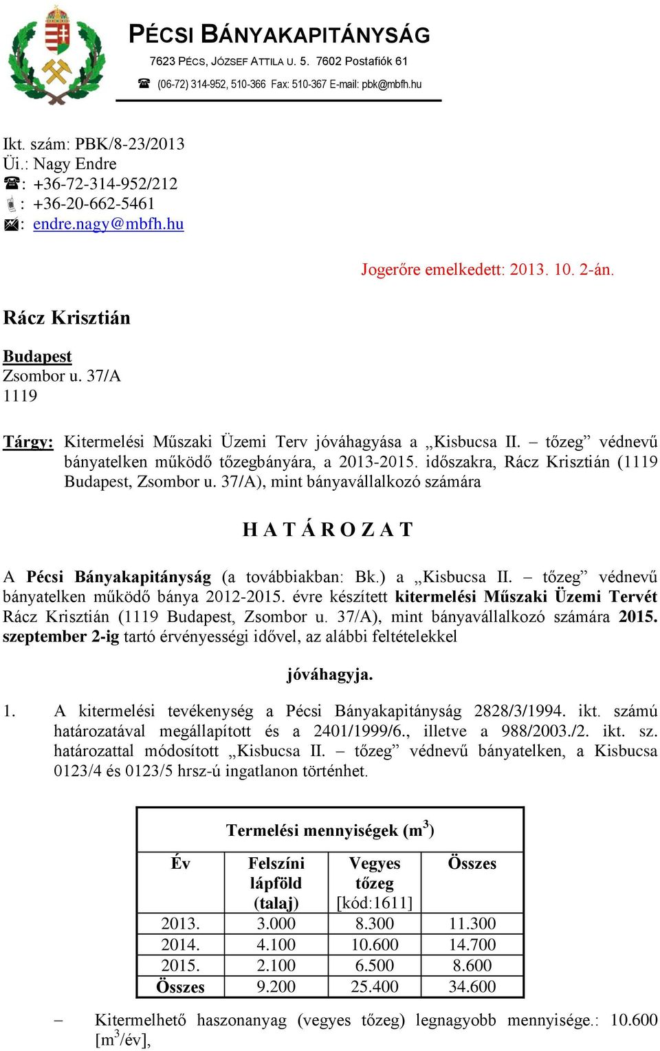 Tárgy: Kitermelési Műszaki Üzemi Terv jóváhagyása a Kisbucsa II. tőzeg védnevű bányatelken működő tőzegbányára, a 2013-2015. időszakra, Rácz Krisztián (1119 Budapest, Zsombor u.