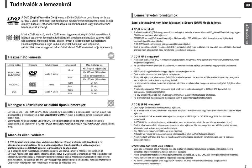 A lejátszó csak olyan lemezeket tud lejátszani, amelyen a lejátszóval azonos régió kód szerepel. Más régió kóddal ellátott lemezt a készülék nem tud lejátszani.