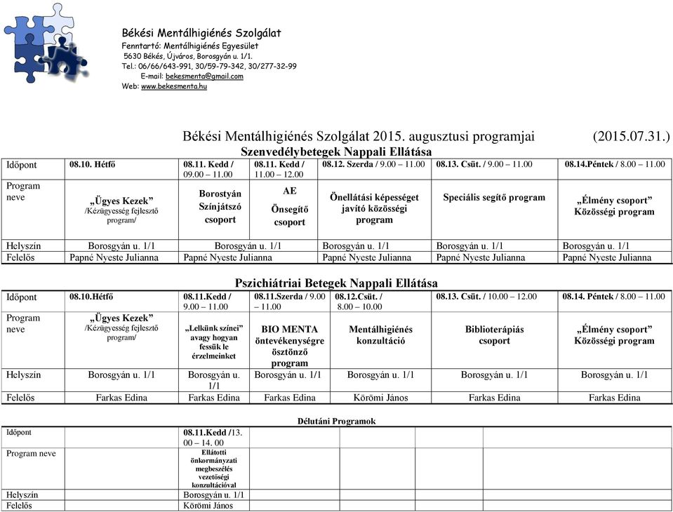 00 Lelkünk színei avagy hogyan fessük le érzelmeinket 08.11.Szerda / 9.00 ösztönző 08.12.Csüt. / Mentálhigiénés 08.13. Csüt. / 10.00 12.00 08.14. Péntek / 8.00 Élmény Helyszín Borosgyán u.