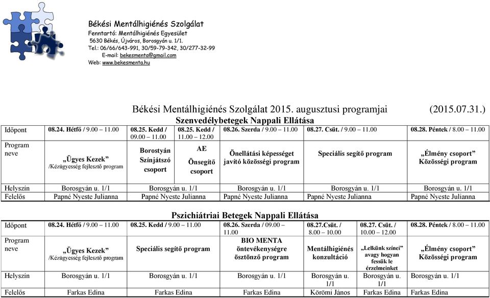 Szerda / 09.00 Speciális segítő ösztönző 08.27.Csüt. / Mentálhigiénés 08.27. Csüt. / 10.00 12.00 Lelkünk színei avagy hogyan fessük le érzelmeinket 08.28. Péntek / 8.