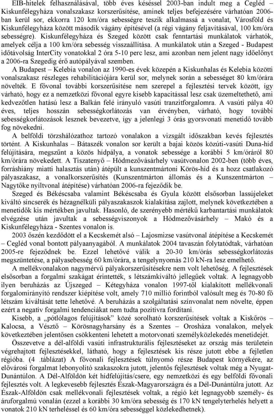 Kiskunfélegyháza és Szeged között csak fenntartási munkálatok várhatók, amelyek célja a 100 km/óra sebesség visszaállítása.