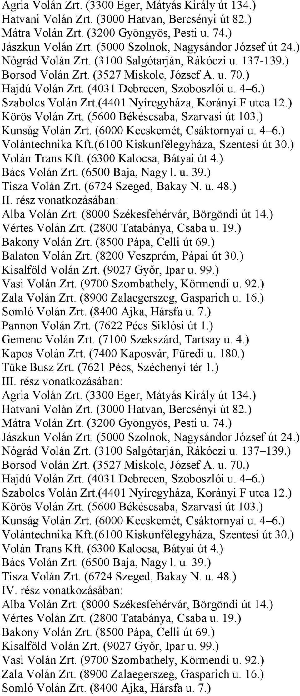 4 6.) Szabolcs Volán Zrt.(4401 Nyíregyháza, Korányi F utca 12.) Körös Volán Zrt. (5600 Békéscsaba, Szarvasi út 103.) Kunság Volán Zrt. (6000 Kecskemét, Csáktornyai u. 4 6.) Volántechnika Kft.