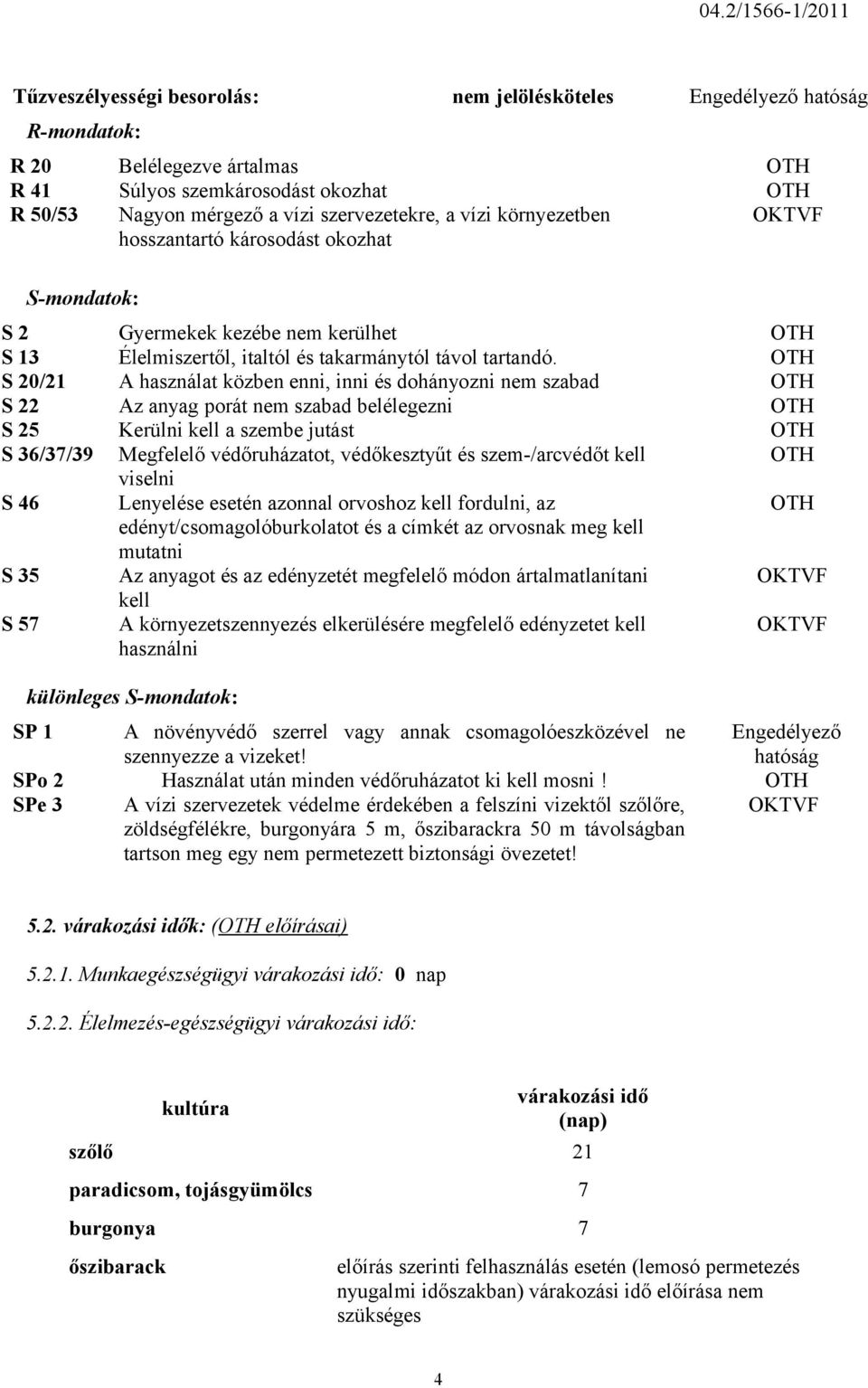 OTH S 20/21 A használat közben enni, inni és dohányozni nem szabad OTH S 22 Az anyag porát nem szabad belélegezni OTH S 25 Kerülni kell a szembe jutást OTH S 36/37/39 Megfelelő védőruházatot,