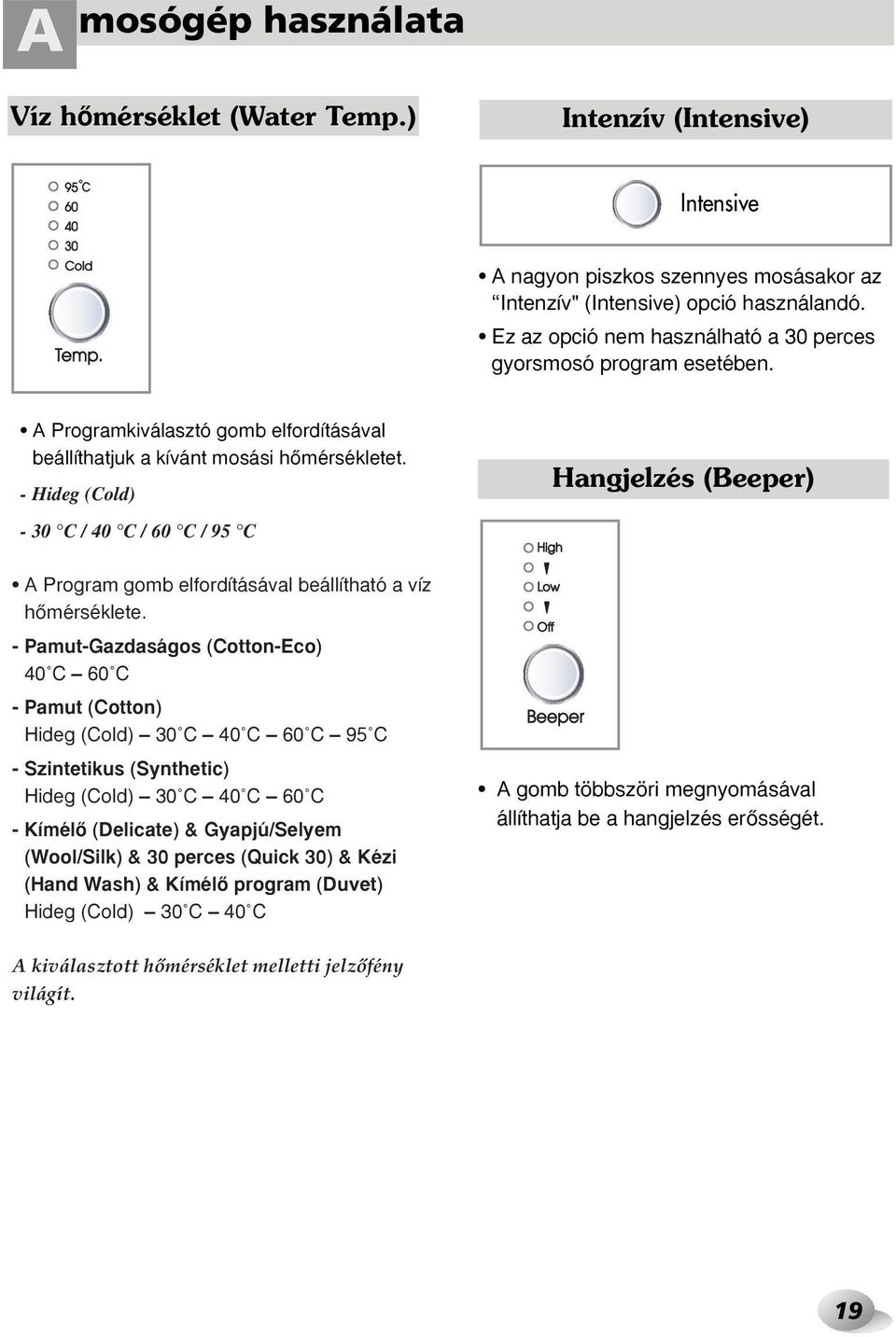 - Hideg (Cold) - 30 C / 40 C / 60 C / 95 C A Program gomb elfordításával beállítható a víz hœmérséklete.