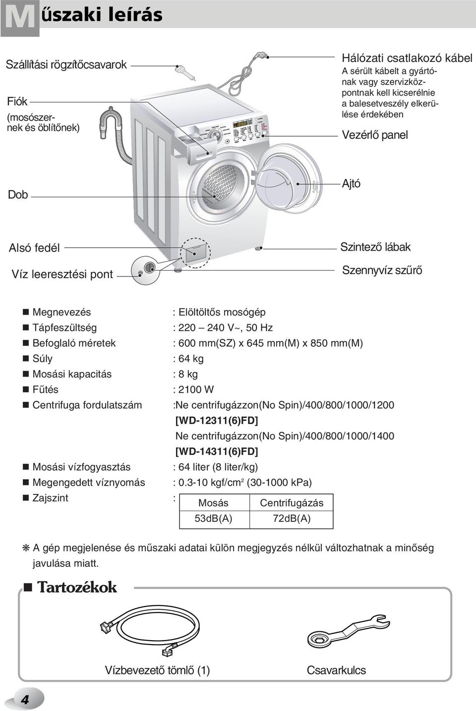 mm(m) x 850 mm(m) Súly : 64 kg Mosási kapacitás : 8 kg Fıtés : 2100 W Centrifuga fordulatszám :Ne centrifugázzon(no Spin)/400/800/1000/1200 [WD-12311(6)FD] Ne centrifugázzon(no