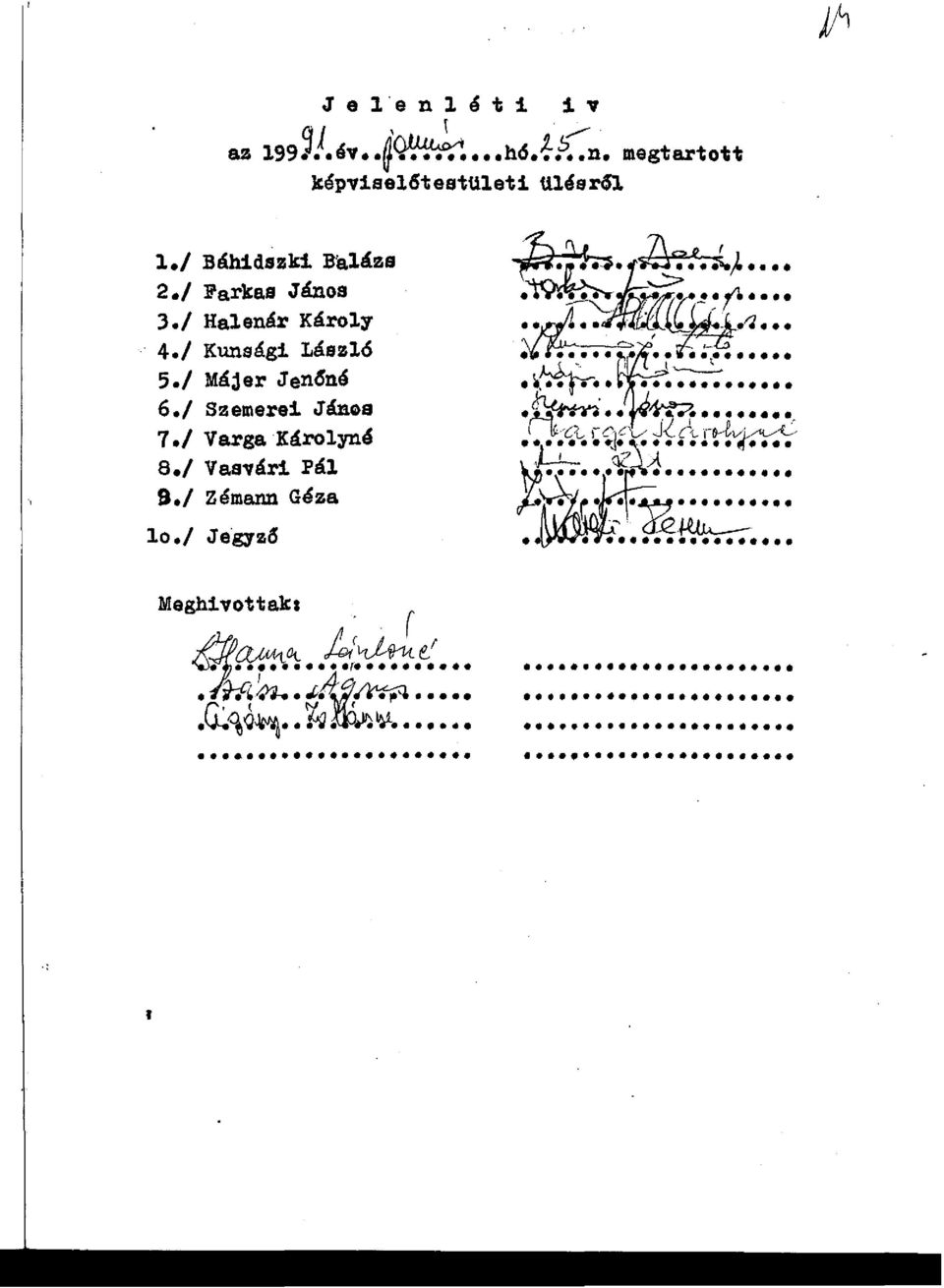 / Vasvári pál 9./ Zémann Géza 10./ Jegyző Meghivottaka ',( ~~~.l~~~.e:. ~7M~..cd~~..~~~~.. ~~~. dj I...,,4. ~ F~...~.lJ.