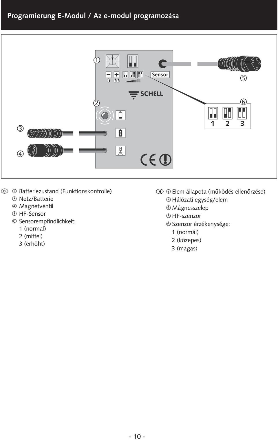 Mágnesszelep Sensor HF-szenzor Gevoeligheid Szenzor érzékenysége: van sensor: (normaal) (normál) (midden) (közepes) (hoog) (magas) F État de la batterie (contrôle du fonctionnement)