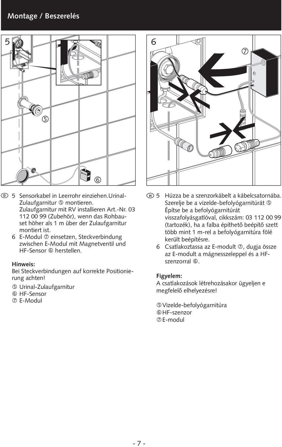 Hinweis: Bei Steckverbindungen auf korrekte Positionierung achten! Urinal-Zulaufgarnitur HF-Sensor E-Modul 5 Sensorkabel in lege buis trekken. Urinoirtoevoergarnituur monteren.