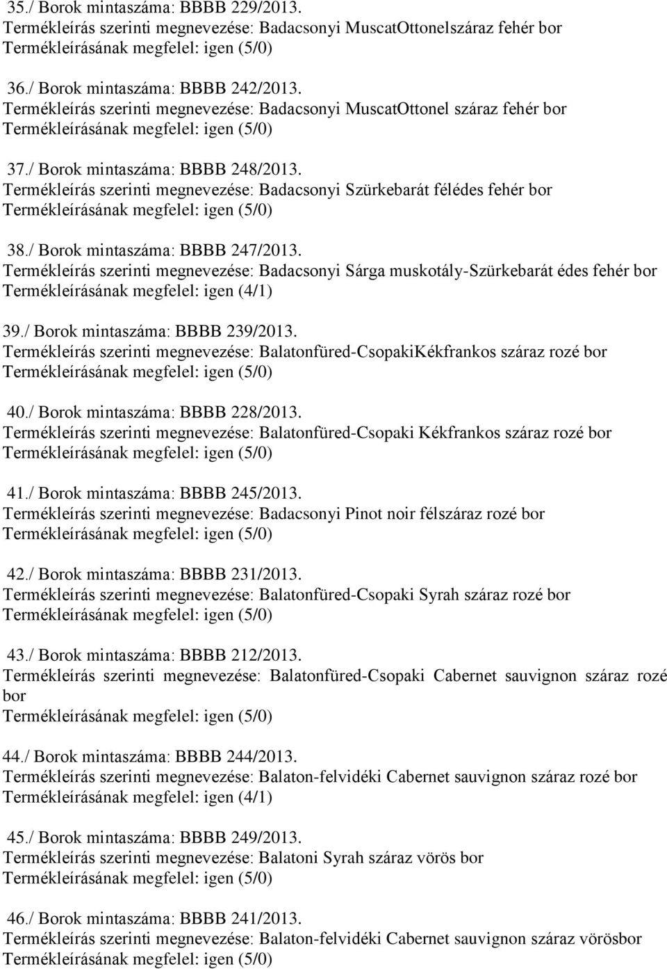 / Borok mintaszáma: BBBB 247/2013. Termékleírás szerinti megnevezése: Badacsonyi Sárga muskotály-szürkebarát édes fehér bor 39./ Borok mintaszáma: BBBB 239/2013.