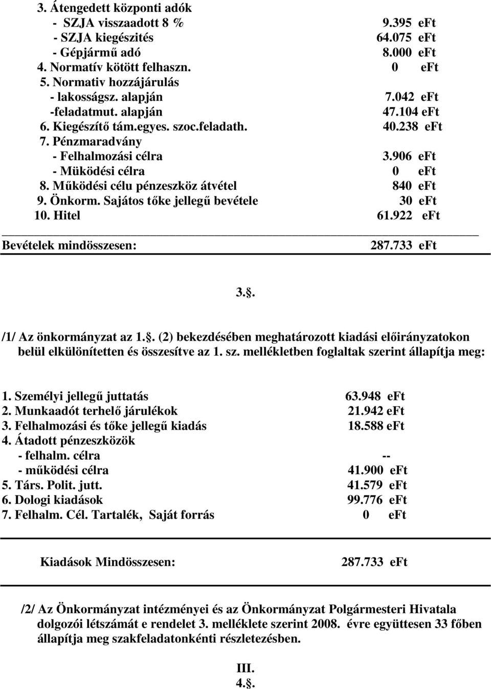 Működési célu pénzeszköz átvétel 840 eft 9. Önkorm. Sajátos tőke jellegű bevétele 30 eft 10. Hitel 61.922 eft Bevételek mindösszesen: 287.733 eft 3.. /1/ Az önkormányzat az 1.