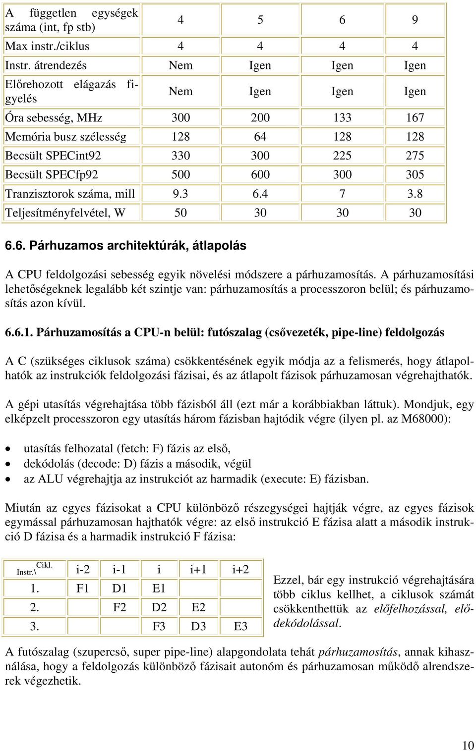 SPECfp92 500 600 300 305 Tranzisztorok száma, mill 9.3 6.4 7 3.8 Teljesítményfelvétel, W 50 30 30 30 6.6. Párhuzamos architektúrák, átlapolás A CPU feldolgozási sebesség egyik növelési módszere a párhuzamosítás.