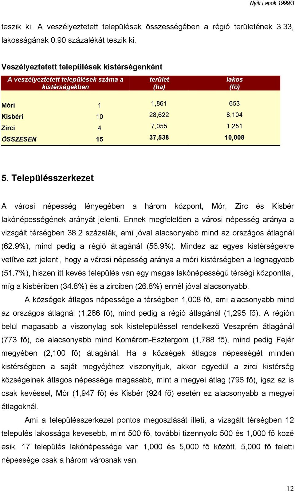 37,538 10,008 5. Településszerkezet A városi népesség lényegében a három központ, Mór, Zirc és Kisbér lakónépességének arányát jelenti.