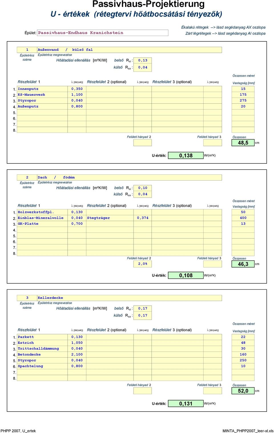 Részfelület 3 (optional) l [W/(mK)] Vastagság [mm] 1. Innenputz 0,350 15 2. KS-Mauerwerk 1,100 175 3. Styropor 0,040 275 4. Außenputz 0,800 20 5. 6. 7. 8.