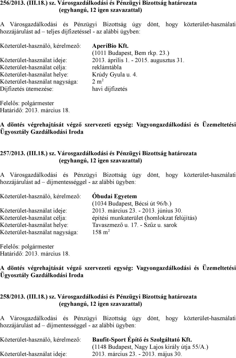 Közterület-használó, kérelmező: AperiBio Kft. (1011 Budapest, Bem rkp. 23.) Közterület-használat ideje: 2013. április 1. - 2015. augusztus 31.