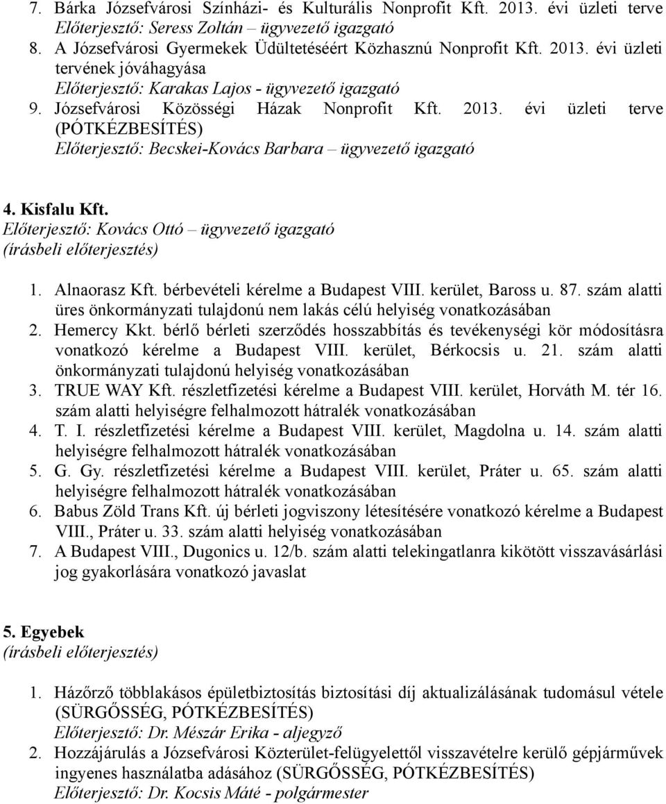 évi üzleti terve (PÓTKÉZBESÍTÉS) Előterjesztő: Becskei-Kovács Barbara ügyvezető igazgató 4. Kisfalu Kft. Előterjesztő: Kovács Ottó ügyvezető igazgató (írásbeli előterjesztés) 1. Alnaorasz Kft.