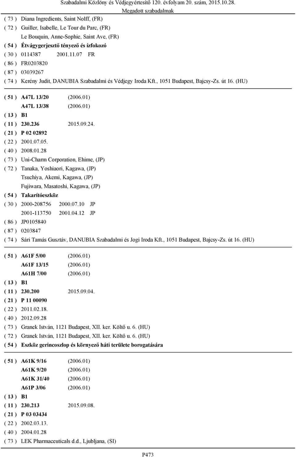01) ( 11 ) 230.236 2015.09.24. ( 21 ) P 02 02892 ( 22 ) 2001.07.05. ( 40 ) 2008.01.28 ( 73 ) Uni-Charm Corporation, Ehime, (JP) ( 72 ) Tanaka, Yoshiaori, Kagawa, (JP) Tsuchiya, Akemi, Kagawa, (JP) Fujiwara, Masatoshi, Kagawa, (JP) ( 54 ) Takarítóeszköz ( 30 ) 2000-208756 2000.