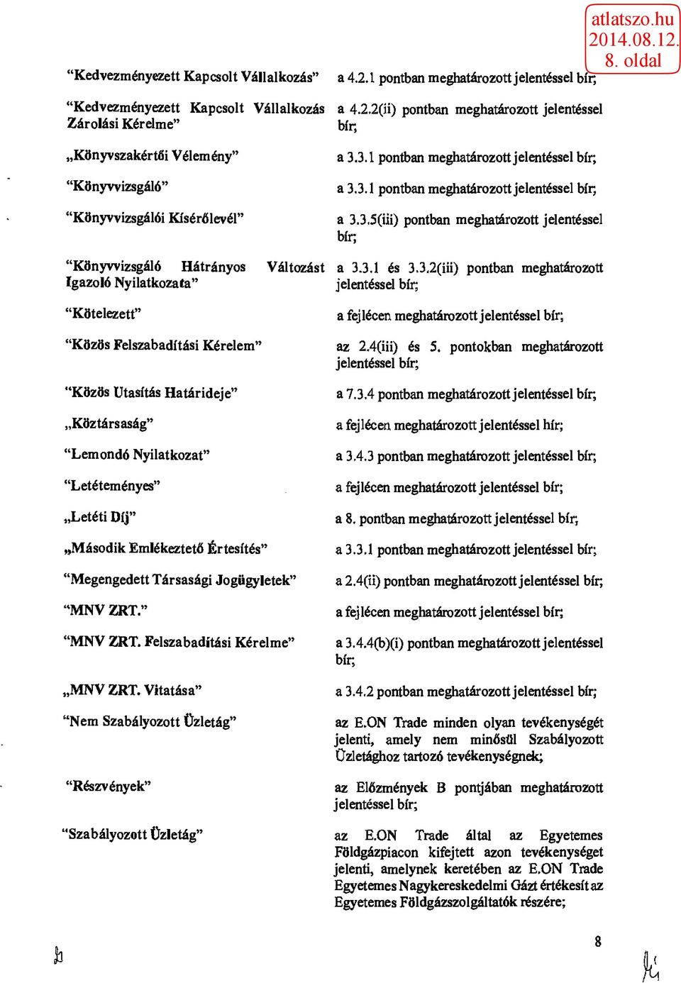 Társasági Jogügyletek" "MNV ZRT." "MNV ZRT. Felszabadítási Kérelme" MNV ZRT. Vitatása" "Nem Szabályozott Üzletág" "Részvények" "Szabályozott Üzletág" a 4.2.