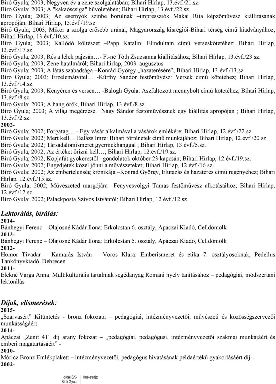 évf./17.sz. ; 2003; Rés a lélek pajzsán - F.-né Tóth Zsuzsanna kiállításához; Bihari Hírlap, 13.évf./23.sz. ; 2003; Zene hatalmáról; Bihari hírlap, 2003.