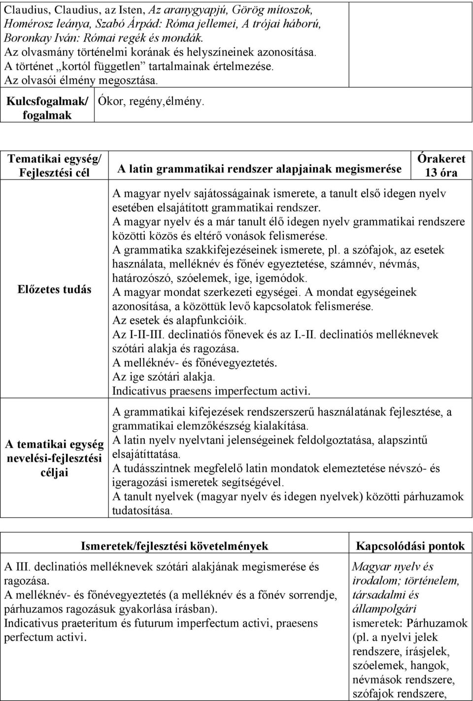 A latin grammatikai rendszer alapjainak megismerése 13 óra A magyar nyelv sajátosságainak ismerete, a tanult első idegen nyelv esetében elsajátított grammatikai rendszer.