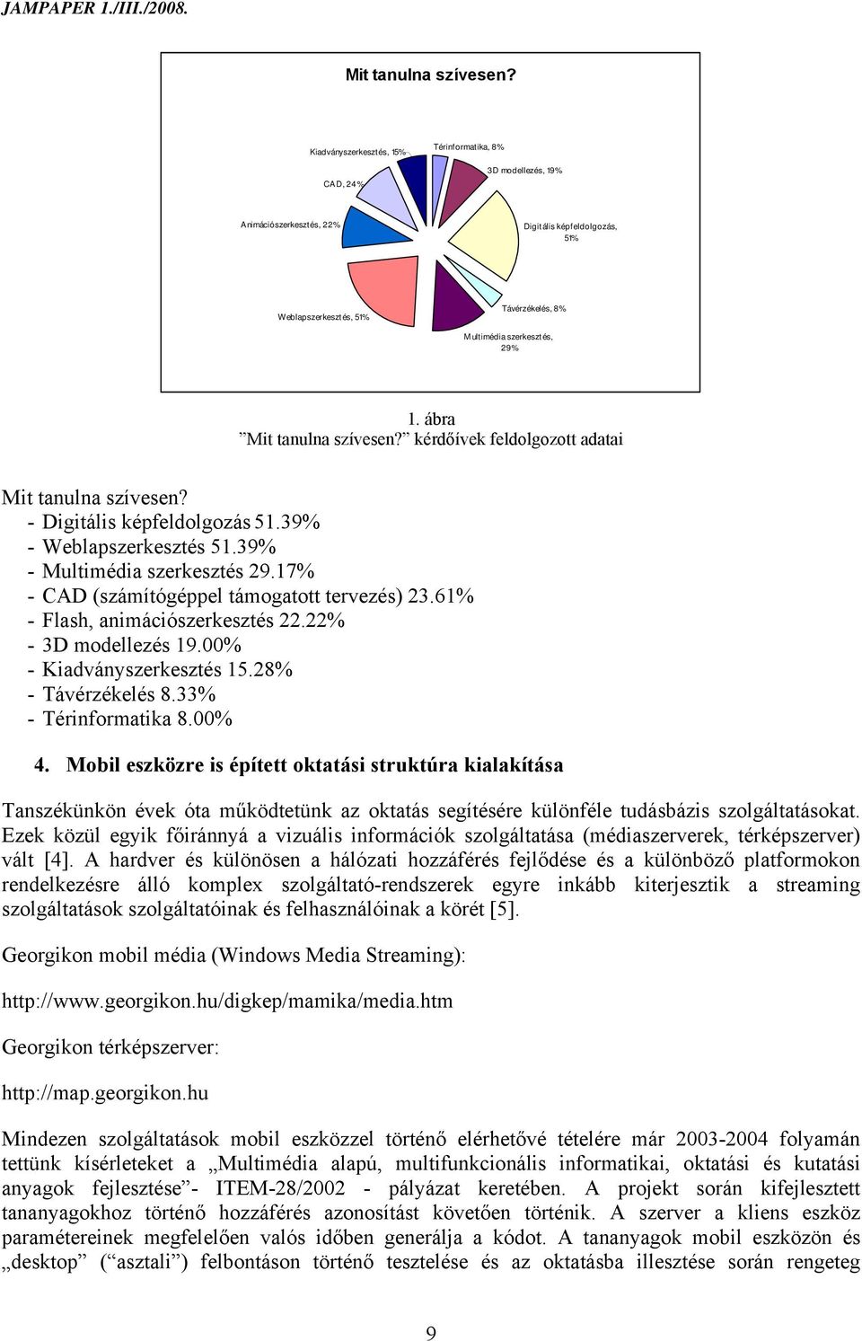 ábra  kérdőívek feldolgozott adatai  - Digitális képfeldolgozás 51.39% - Weblapszerkesztés 51.39% - Multimédia szerkesztés 29.17% - CAD (számítógéppel támogatott tervezés) 23.