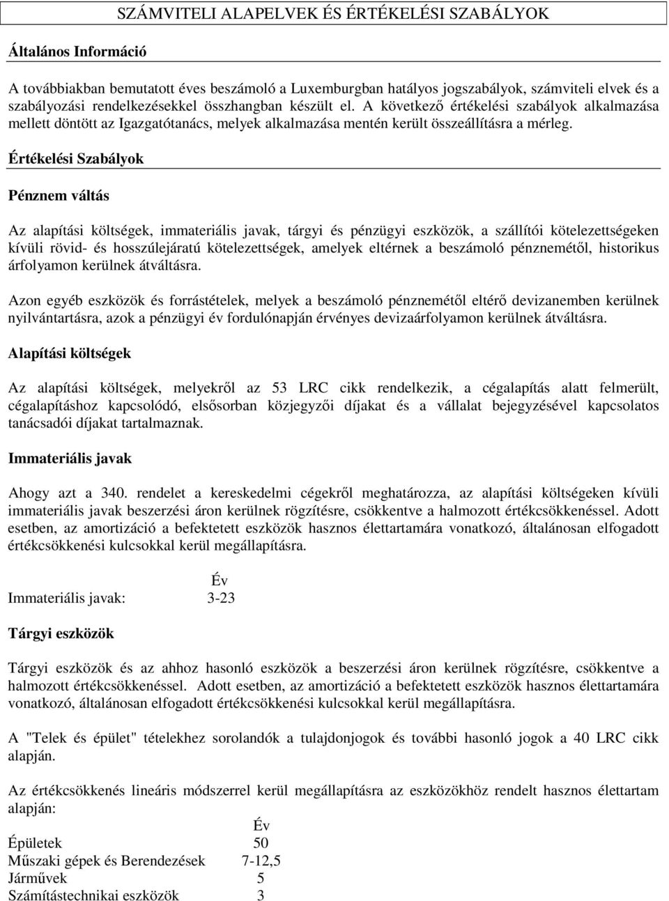 Értékelési Szabályok Pénznem váltás Az alapítási költségek, immateriális javak, tárgyi és pénzügyi eszközök, a szállítói kötelezettségeken kívüli rövid- és hosszúlejáratú kötelezettségek, amelyek