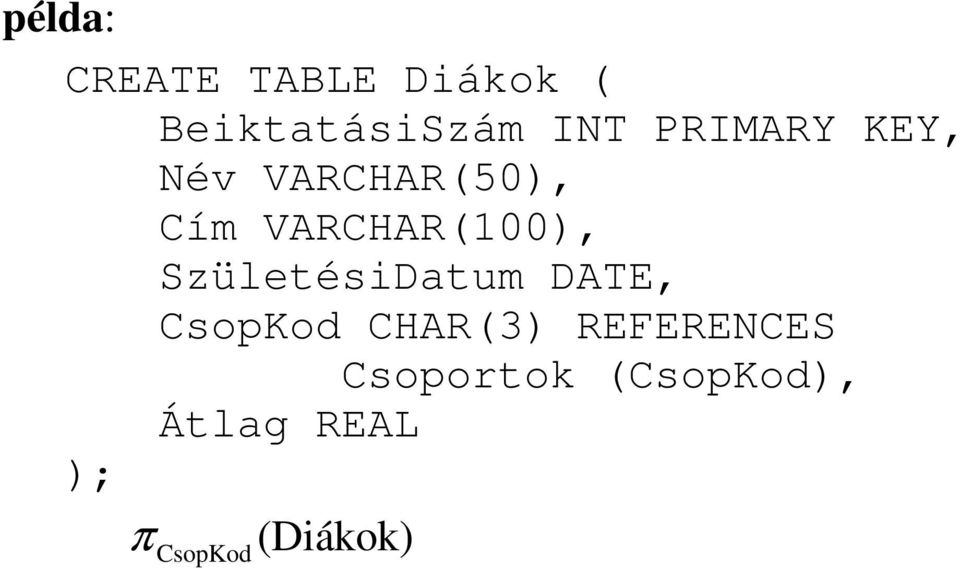 SzületésiDatum DATE, CsopKod CHAR(3) REFERENCES