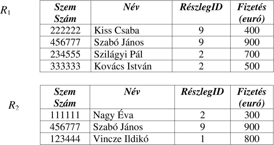 Kovács István 2 500 Szem Szám Név RészlegID Fizetés (euró) 111111