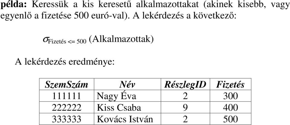 A lekérdezés a következ: σ Fizetés <= 500 (Alkalmazottak) A lekérdezés