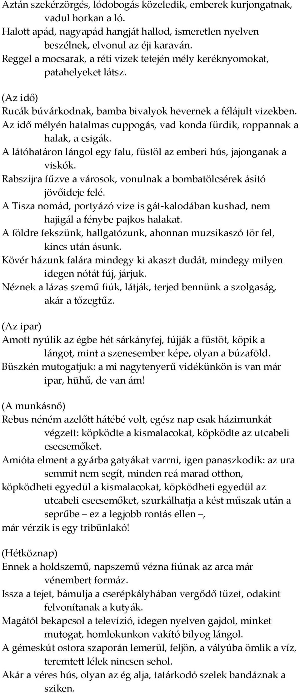 Az idő mélyén hatalmas cuppogás, vad konda fürdik, roppannak a halak, a csigák. A látóhatáron lángol egy falu, füstöl az emberi hús, jajonganak a viskók.