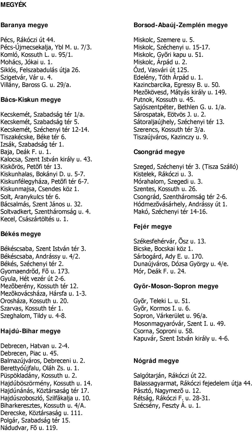 Kazincbarcika, Egressy B. u. 50. Mezõkövesd, Mátyás király u. 149. Bács-Kiskun megye Putnok, Kossuth u. 45. Sajószentpéter, Bethlen G. u. 1/a. Kecskemét, Szabadság tér 1/a. Sárospatak, Eötvös J. u. 2.