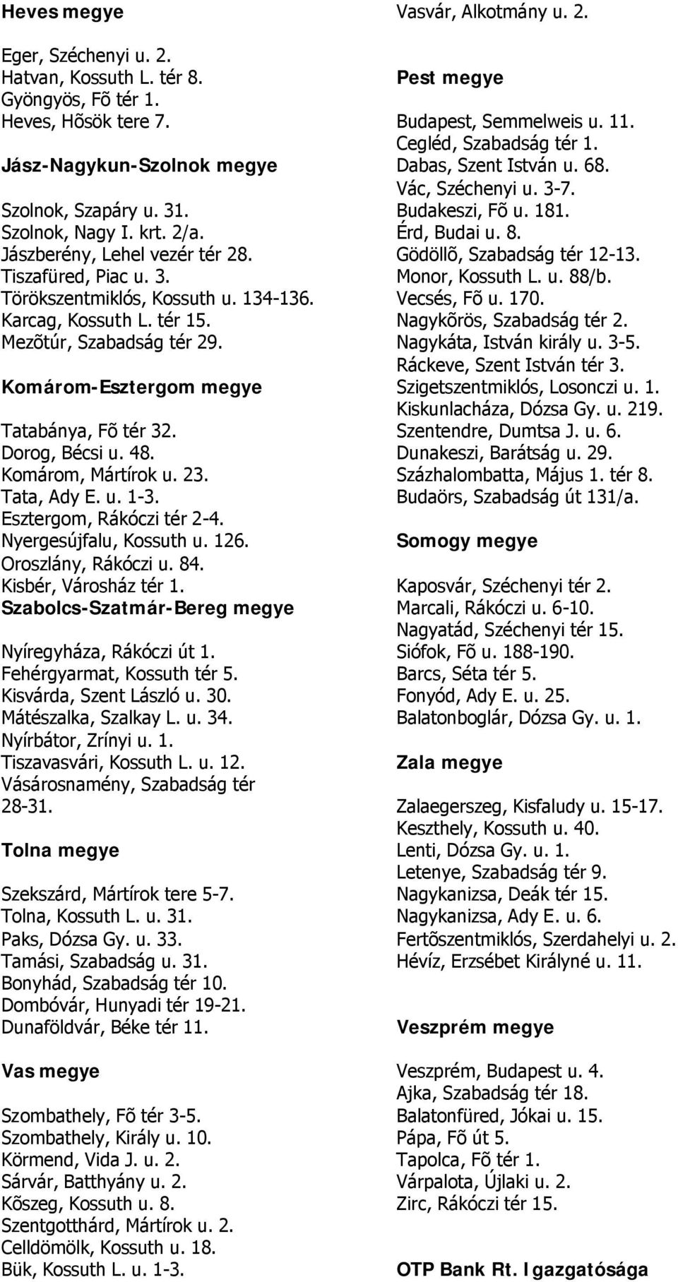 Gödöllõ, Szabadság tér 12-13. Tiszafüred, Piac u. 3. Monor, Kossuth L. u. 88/b. Törökszentmiklós, Kossuth u. 134-136. Vecsés, Fõ u. 170. Karcag, Kossuth L. tér 15. Nagykõrös, Szabadság tér 2.