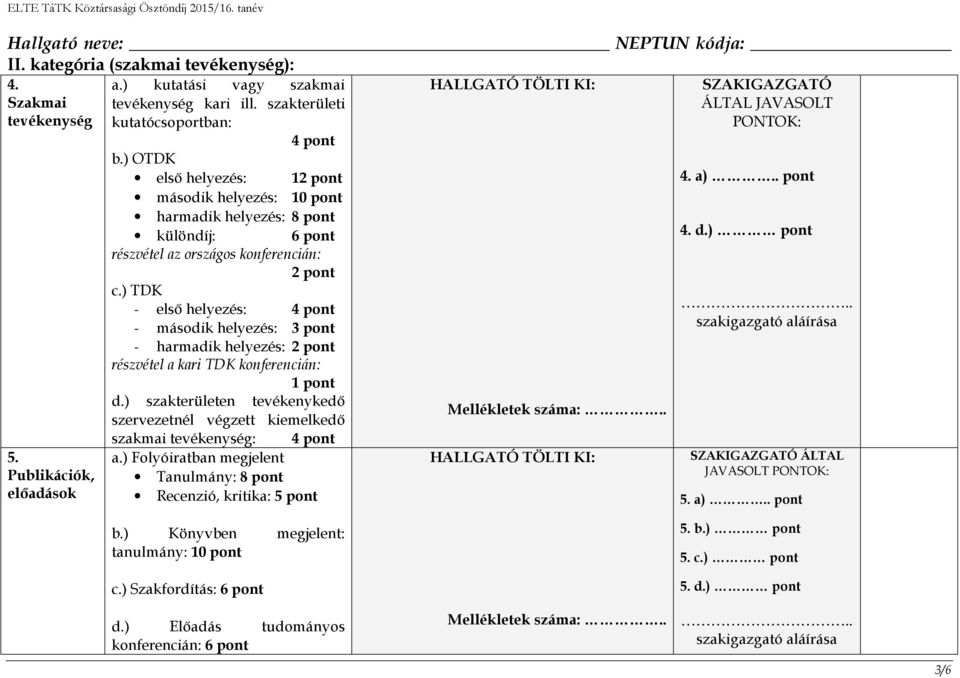 ) TDK - első helyezés: 4 pont - második helyezés: 3 pont - harmadik helyezés: 2 pont részvétel a kari TDK konferencián: 1 pont d.