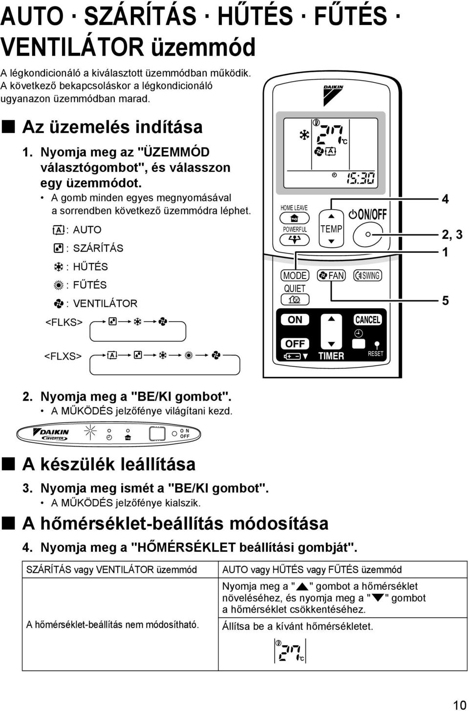 :AUTO : SZÁRÍTÁS :HŰTÉS :FŰTÉS : VENTILÁTOR <FLKS> HOME LEAVE POWERFUL TEMP C ON/OFF MODE FAN SWING QUIET 4 2, 3 1 5 <FLXS> 2. Nyomja meg a "BE/KI gombot". A MŰKÖDÉS jelzőfénye világítani kezd.