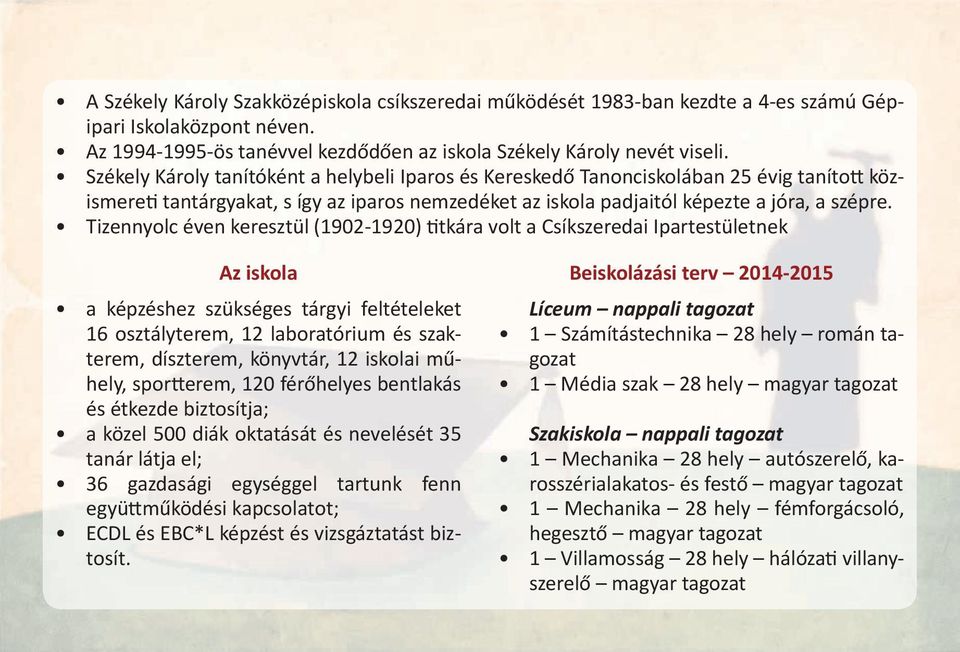 Tizennyolc éven keresztül (1902-1920) titkára volt a Csíkszeredai Ipartestületnek Az iskola a képzéshez szükséges tárgyi feltételeket 16 osztályterem, 12 laboratórium és szakterem, díszterem,