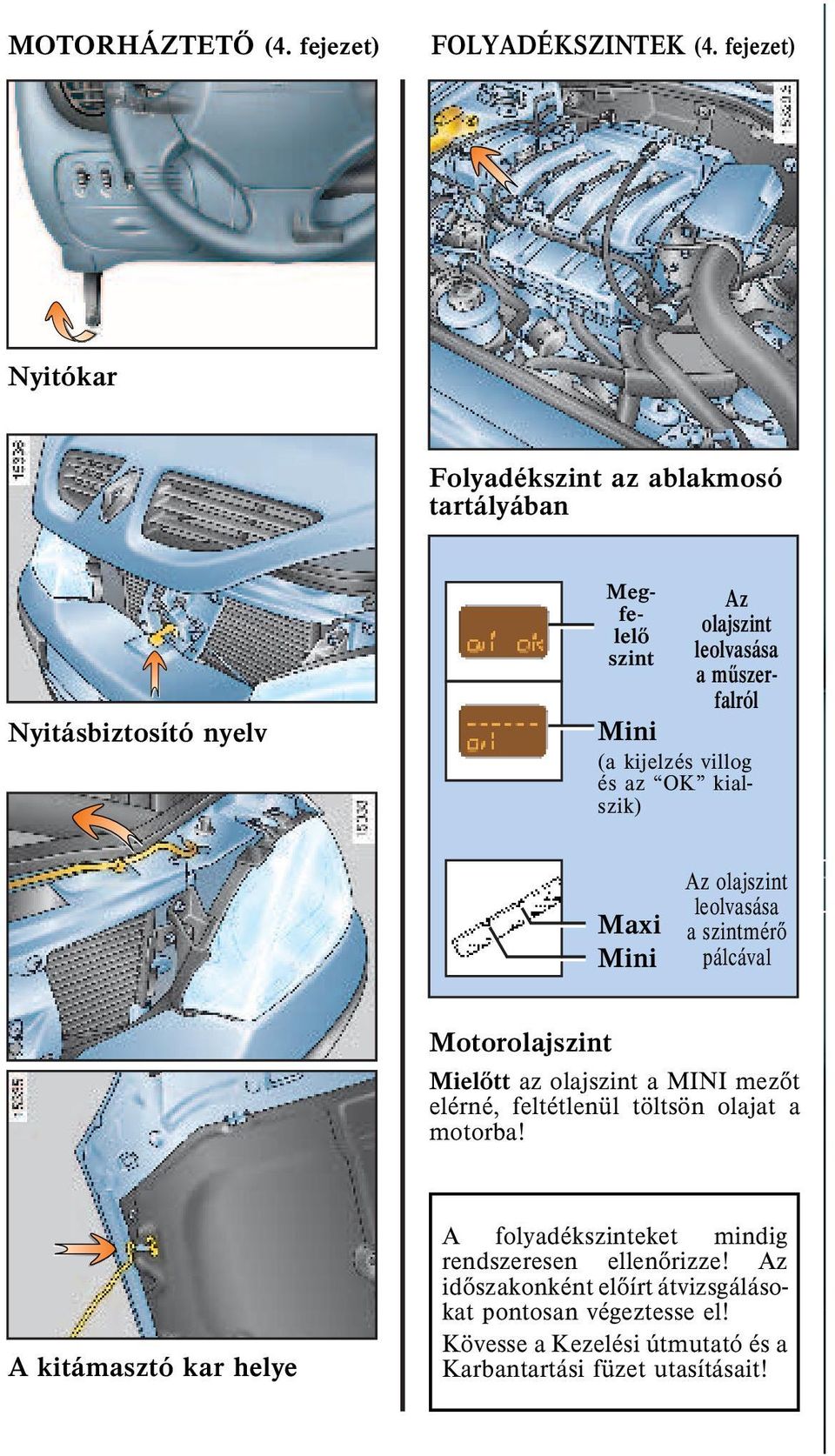 kijelzés villog és az OK kialszik) Maxi Mini z olajszint leolvasása aszintmérõ pálcával Motorolajszint Mielõtt azolajszintaminimezõt elérné,