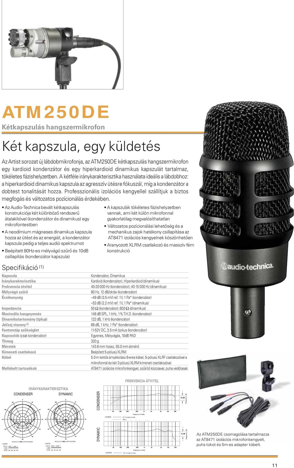 A kétféle iránykarakterisztika használata ideális a lábdobhoz: a hiperkardioid dinamikus kapszula az agresszív ütésre fókuszál, míg a kondenzátor a dobtest tonalitását hozza.