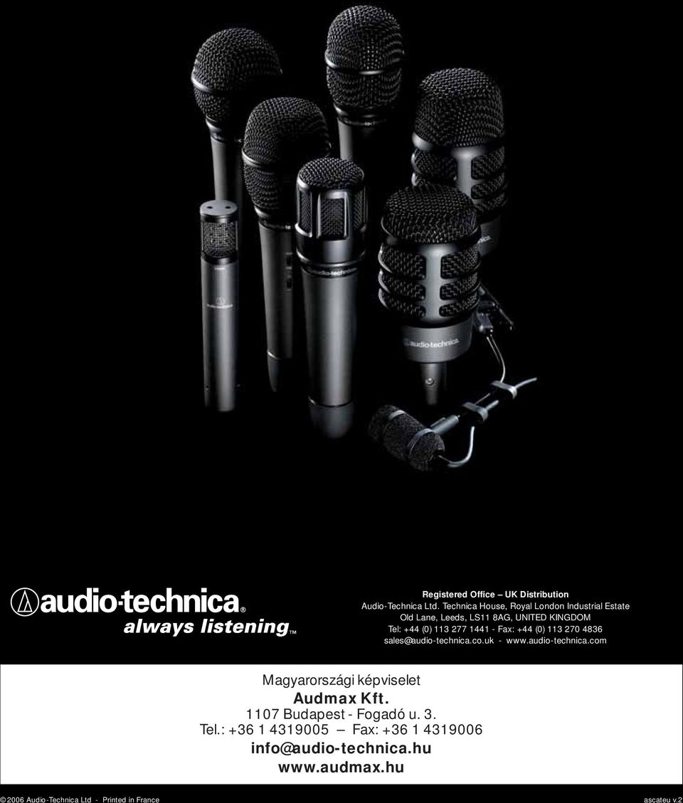 1441 - Fax: +44 (0) 113 270 4836 sales@audio-technica.co.uk - www.audio-technica.com Magyarországi képviselet Audmax Kft.